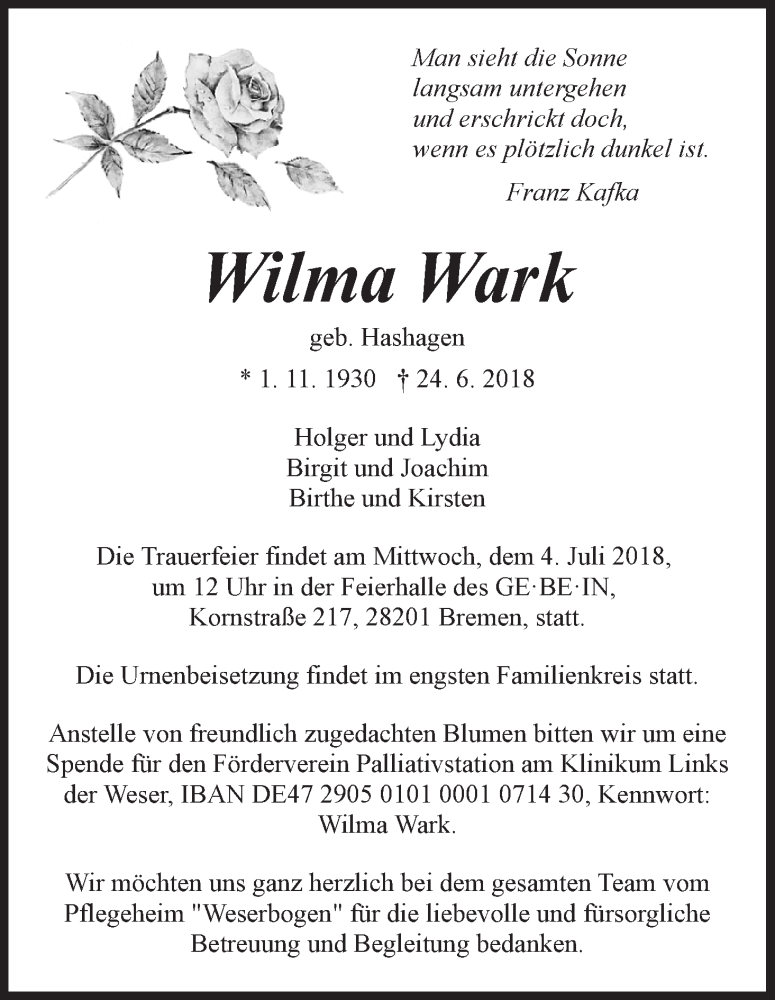 Traueranzeige von Wilma Wark von WESER-KURIER