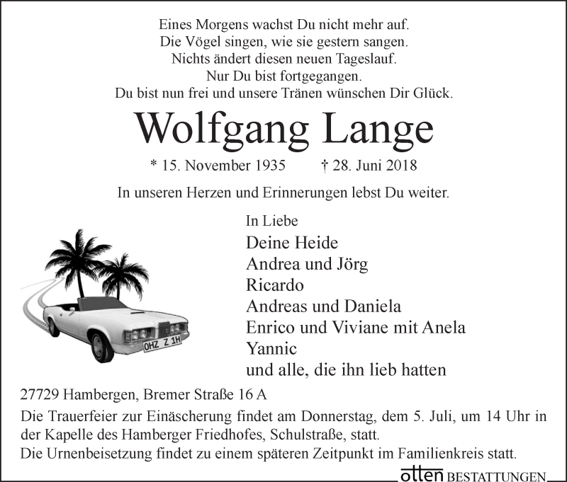 Traueranzeige von Wolfgang Lange von Osterholzer Kreisblatt