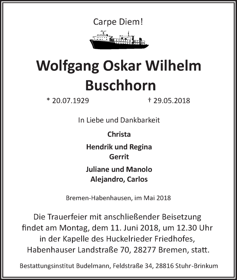 Traueranzeige von Wolfgang Oskar Wilhelm Buschhorn von WESER-KURIER