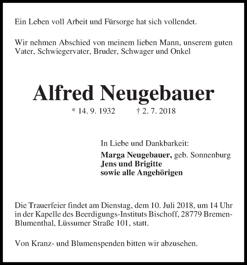 Traueranzeige von Alfred Neugebauer von Die Norddeutsche