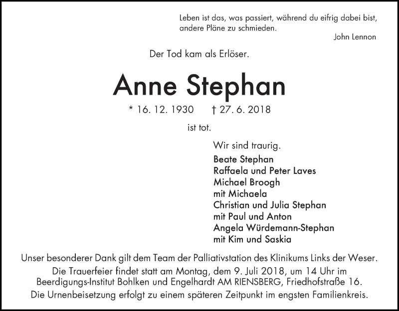 Traueranzeige von Anne Stephan von WESER-KURIER