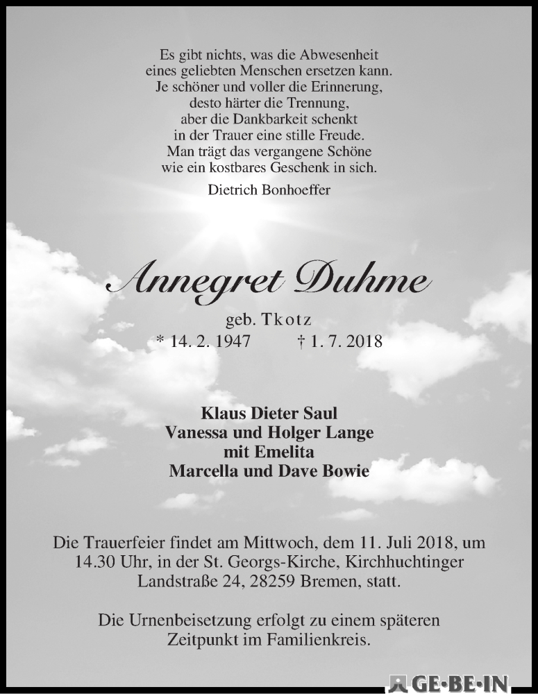 Traueranzeige von Annegret Duhme von WESER-KURIER