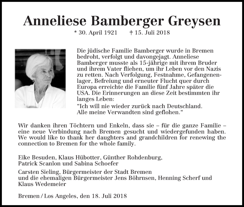 Traueranzeige von Anneliese Bamberger Greysen von WESER-KURIER