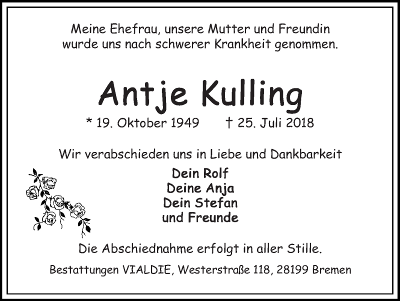 Traueranzeige von Antje Kulling von WESER-KURIER