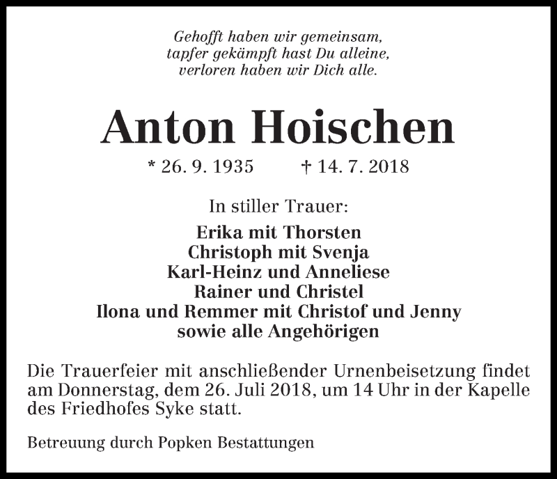 Traueranzeige von Anton Hoischen von WESER-KURIER