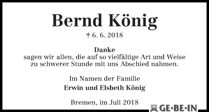 Traueranzeige von Bernd König von WESER-KURIER