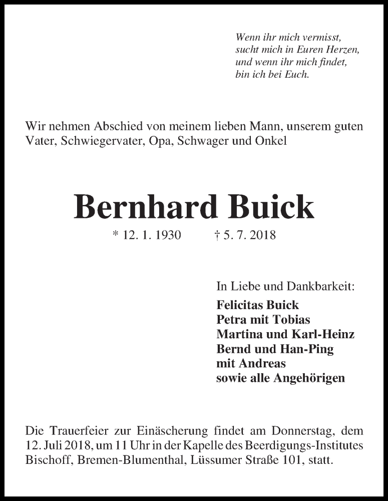 Traueranzeige von Bernhard Buick von Die Norddeutsche