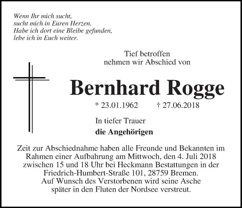 Traueranzeige von Bernhard Rogge von Die Norddeutsche