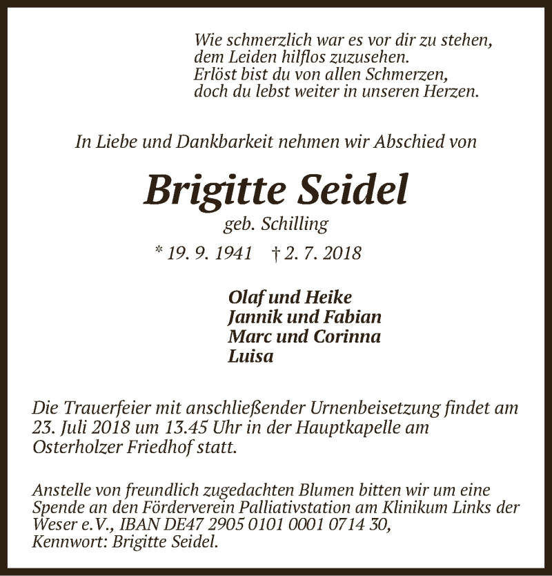 Traueranzeige von Brigitte Seidel von WESER-KURIER