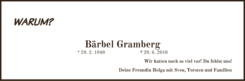Traueranzeige von Bärbel Gramberg von WESER-KURIER