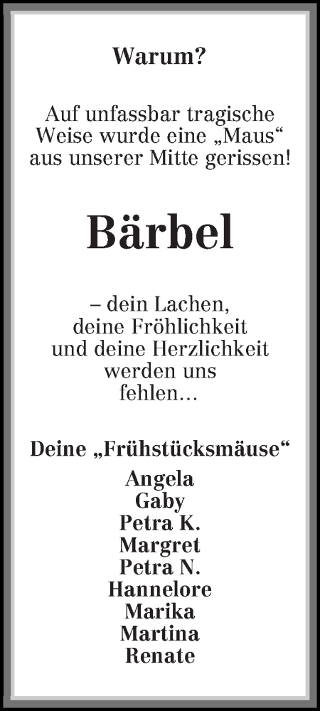 Traueranzeige von Bärbel Gramberg von WESER-KURIER