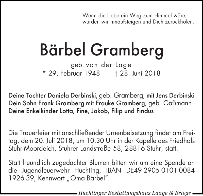 Traueranzeige von Bärbel Gramberg von WESER-KURIER