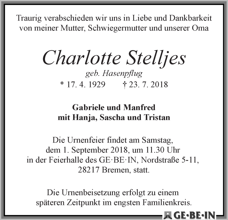 Traueranzeige von Charlotte Stelljes von WESER-KURIER