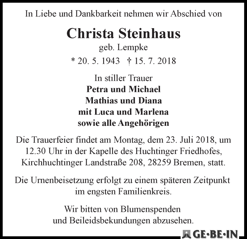 Traueranzeige von Christa Steinhaus von WESER-KURIER