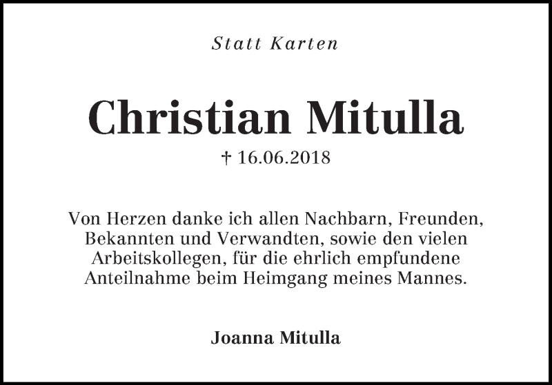 Traueranzeige von Christian Mitulla von WESER-KURIER