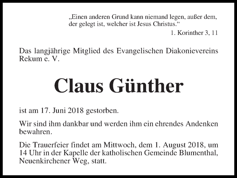 Traueranzeige von Claus Günther von Die Norddeutsche