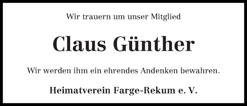 Traueranzeige von Claus Günther von Die Norddeutsche