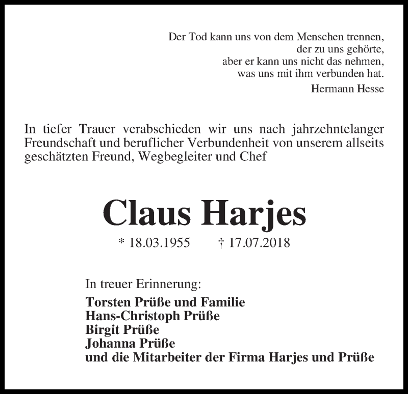 Traueranzeige von Claus Harjes von WESER-KURIER