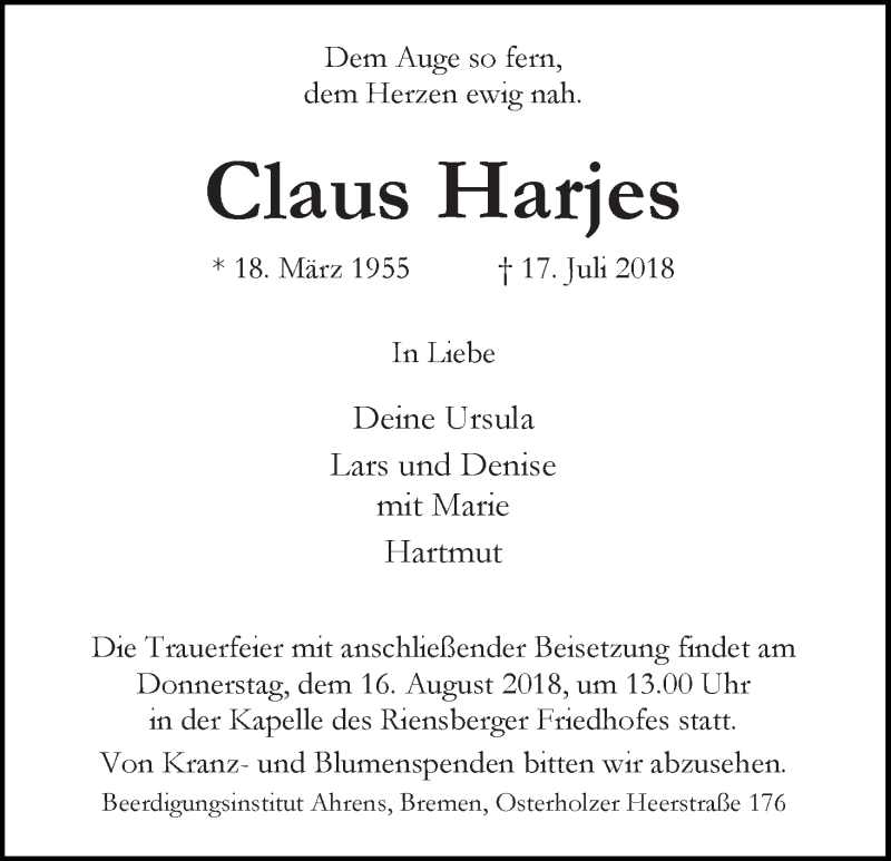 Traueranzeige von Claus Harjes von WESER-KURIER
