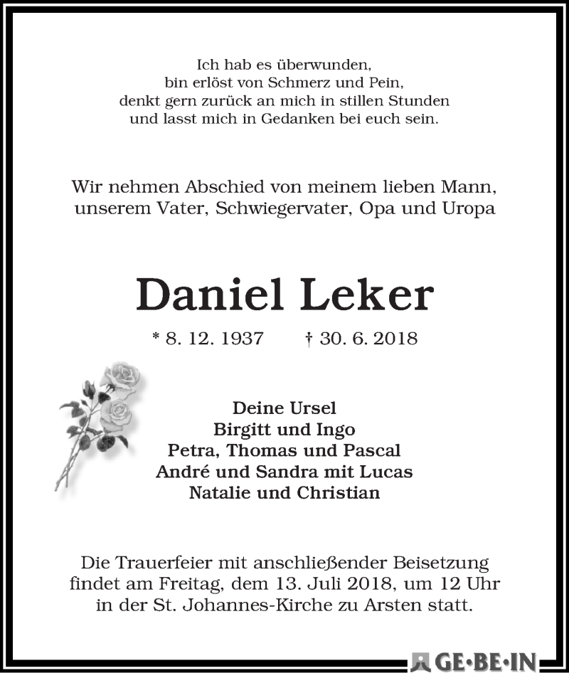 Traueranzeige von Daniel Leker von WESER-KURIER