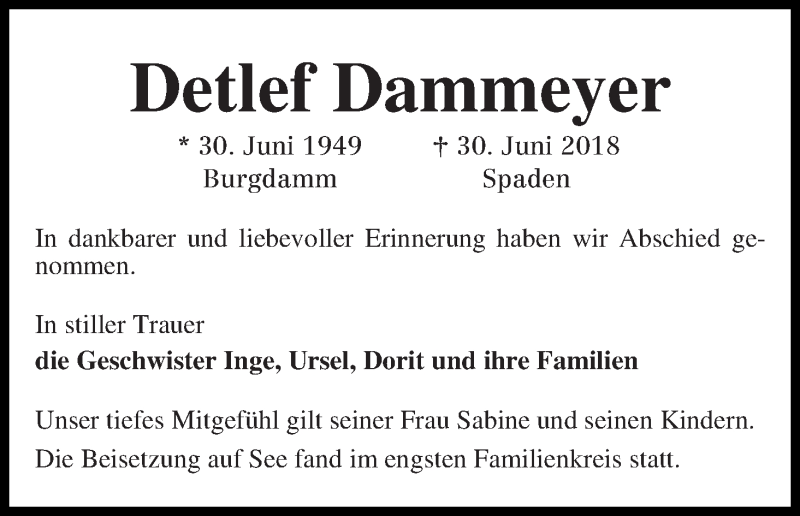 Traueranzeige von Detlef Dammeyer von Die Norddeutsche