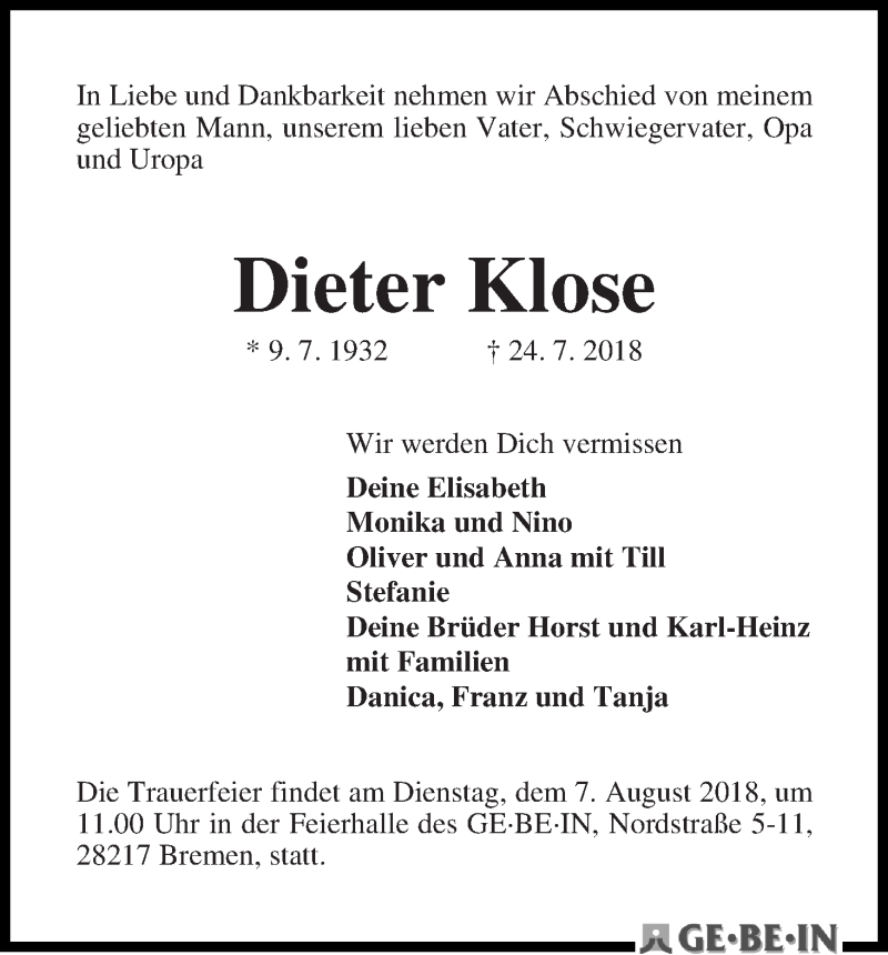 Traueranzeige von Dieter Klose von WESER-KURIER