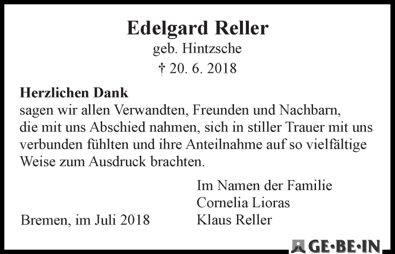 Traueranzeige von Edelgard Reller von WESER-KURIER