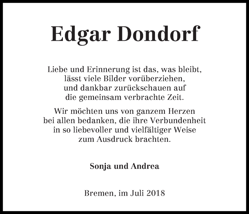 Traueranzeige von Edgar Dondorf von Die Norddeutsche