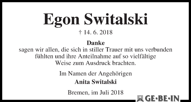 Traueranzeige von Egon Switalski von WESER-KURIER