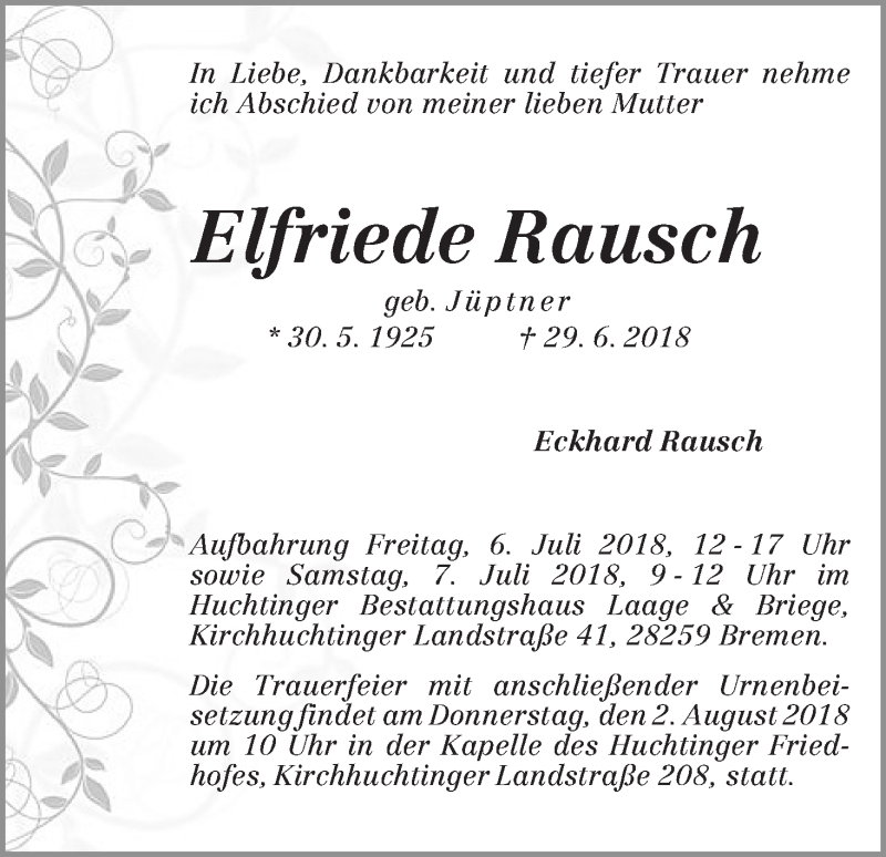 Traueranzeige von Elfriede Rausch von WESER-KURIER