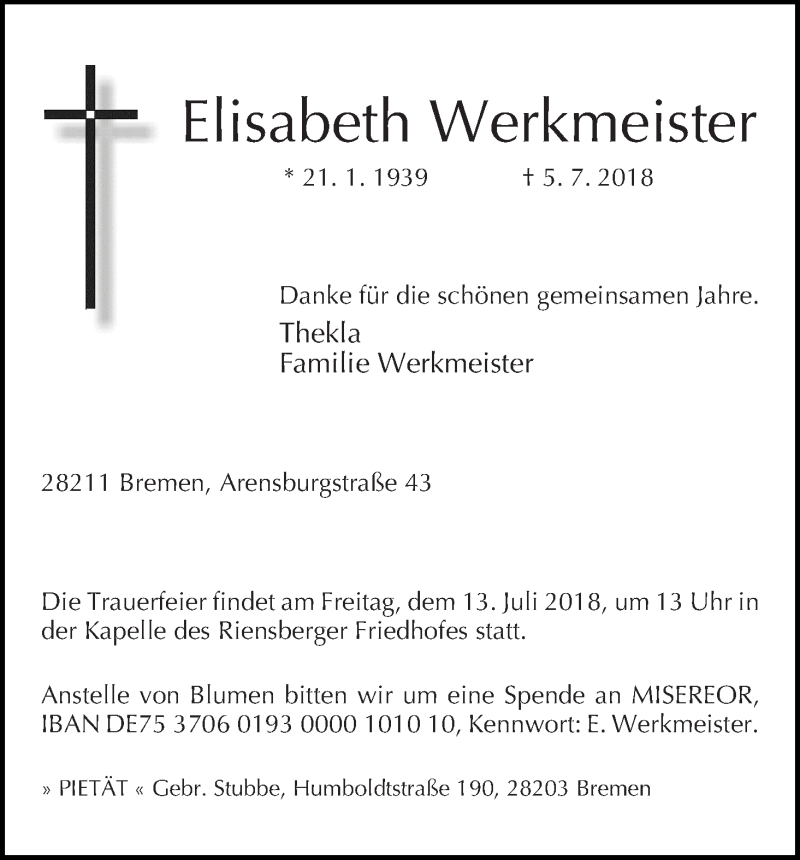 Traueranzeige von Elisabeth Werkmeister von WESER-KURIER