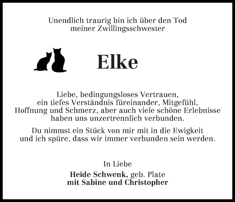 Traueranzeige von Elke Klopp von Wuemme Zeitung