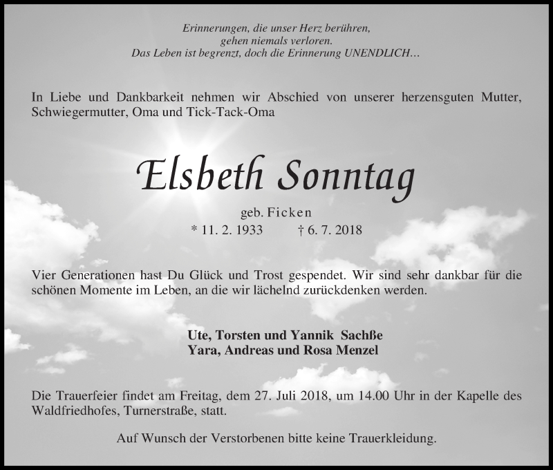 Traueranzeige von Elsbeth Sonntag von Die Norddeutsche
