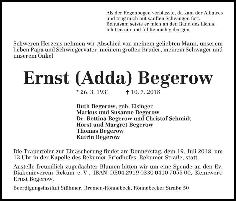 Traueranzeige von Ernst (Adda) Begerow von Die Norddeutsche