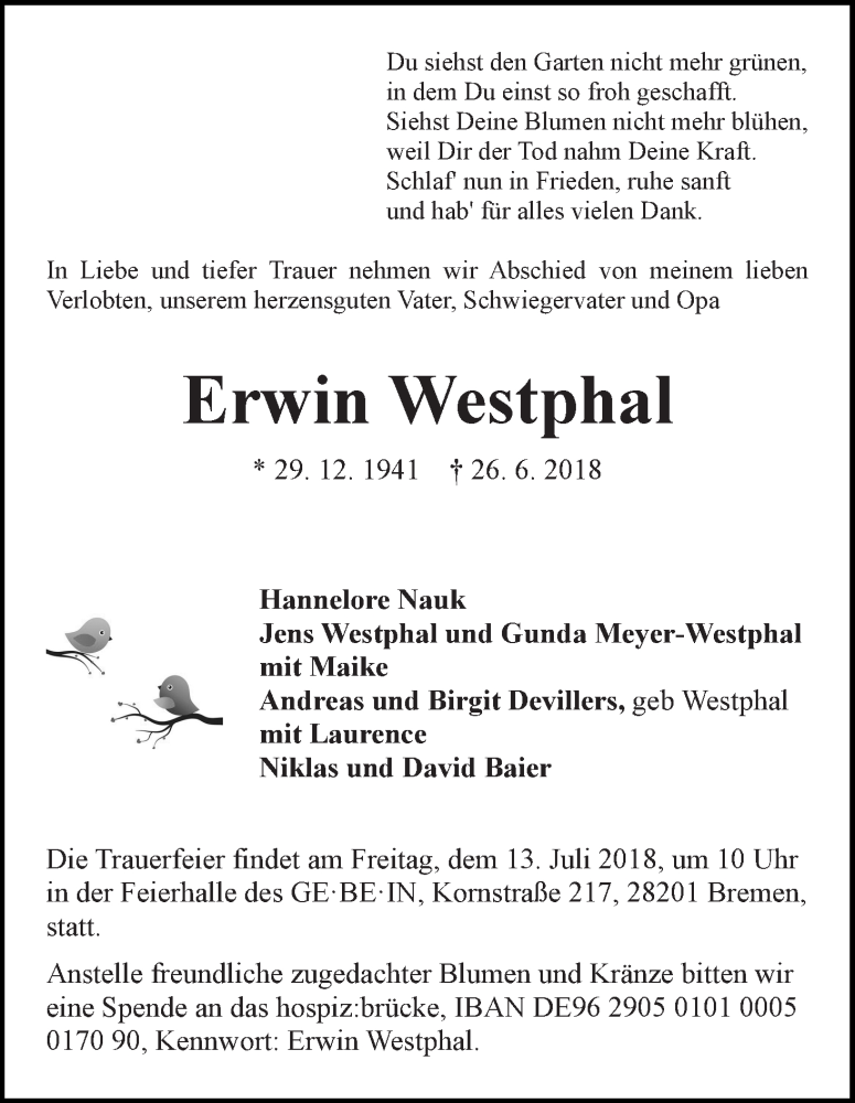 Traueranzeige von Erwin Westphal von WESER-KURIER