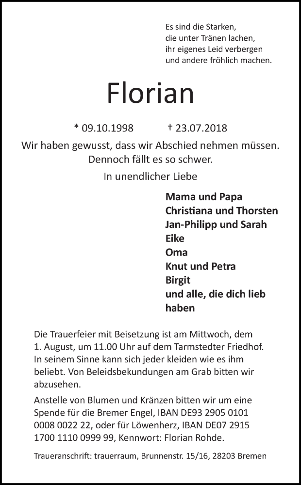 Traueranzeige von Florian Rohde von Wuemme Zeitung