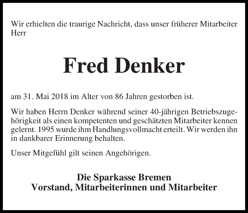 Traueranzeige von Fred Denker von WESER-KURIER