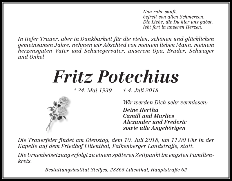 Traueranzeige von Fritz Potechius von Wuemme Zeitung