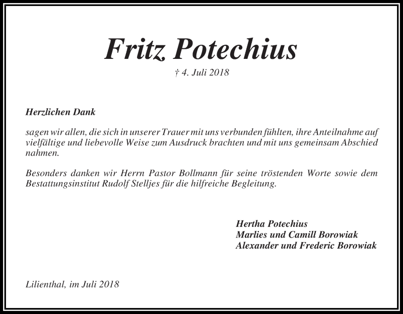 Traueranzeige von Fritz Potechius von Wuemme Zeitung