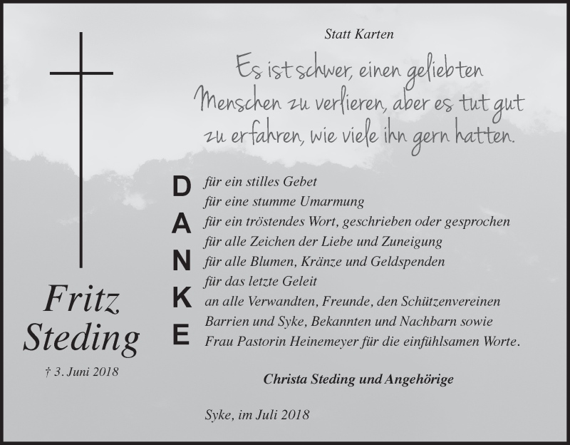 Traueranzeige von Fritz Steding von WESER-KURIER