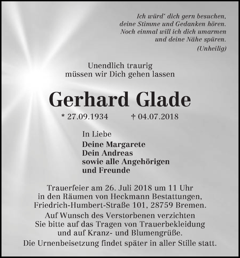 Traueranzeige von Gerhard Glade von Die Norddeutsche