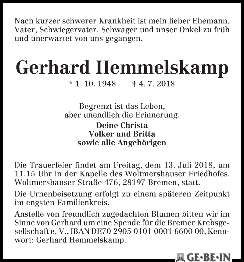 Traueranzeige von Gerhard Hemmelskamp von WESER-KURIER