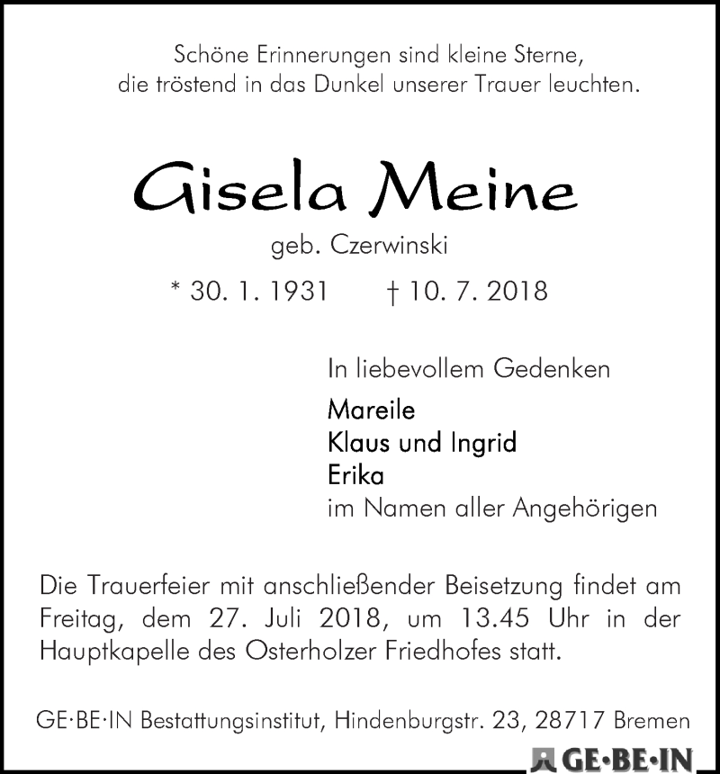 Traueranzeige von Gisela Meine von WESER-KURIER