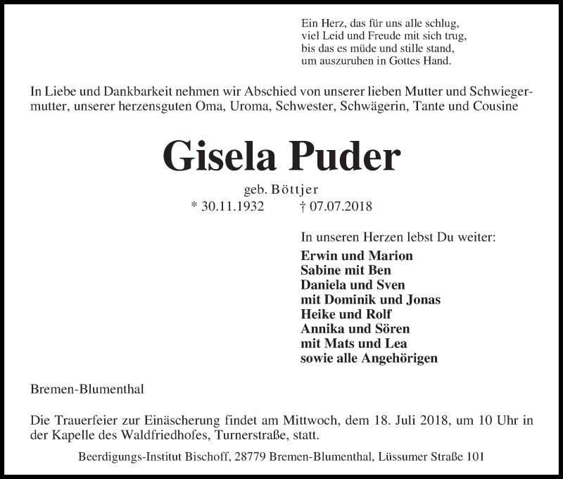 Traueranzeige von Gisela Puder von Die Norddeutsche