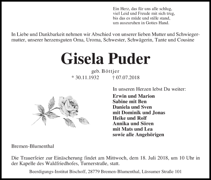 Traueranzeige von Gisela Puder von Die Norddeutsche