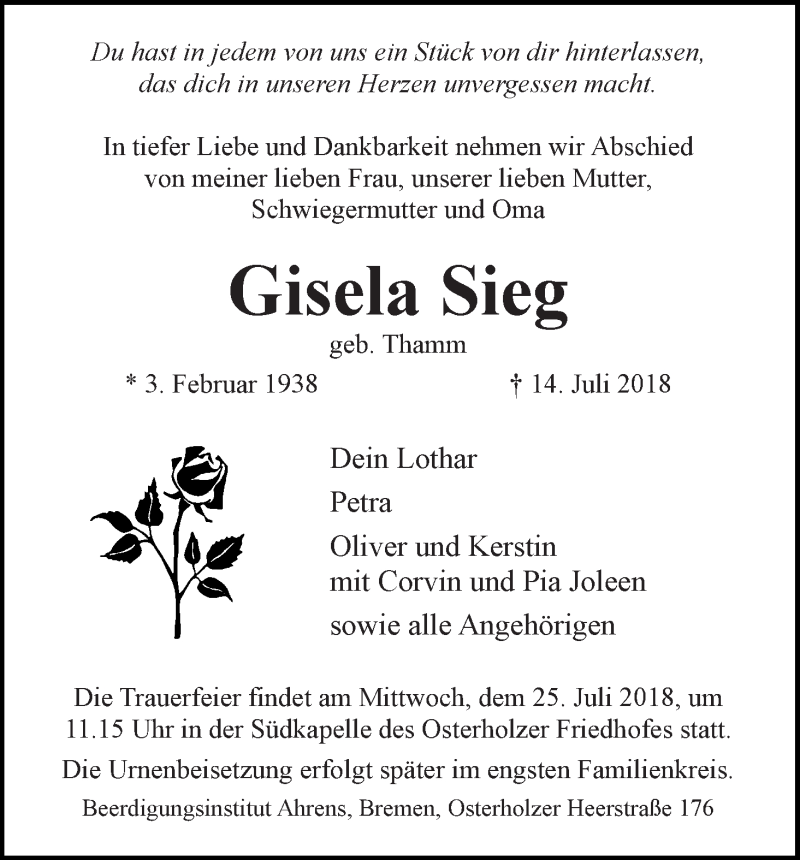 Traueranzeige von Gisela Sieg von WESER-KURIER