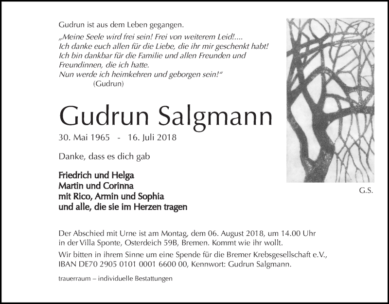 Traueranzeige von Gudrun Salgmann von WESER-KURIER