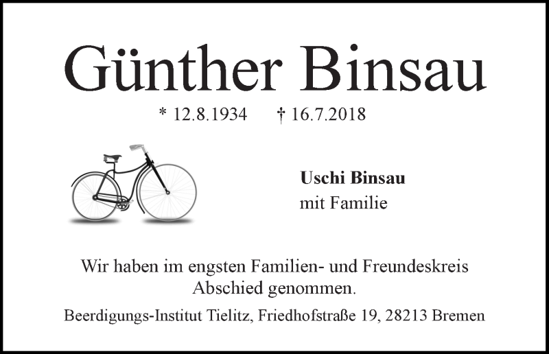 Traueranzeige von Günther Binsau von WESER-KURIER