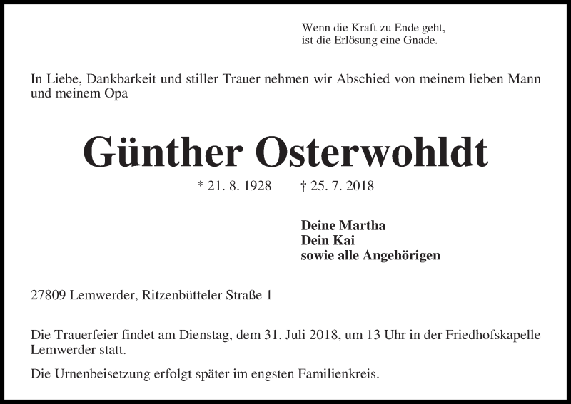 Traueranzeige von Günther Osterwohldt von Die Norddeutsche
