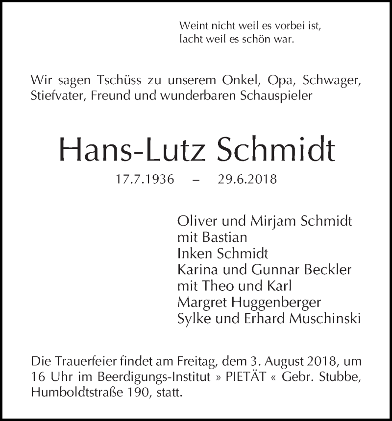 Traueranzeige von Hans-Lutz Schmidt von WESER-KURIER
